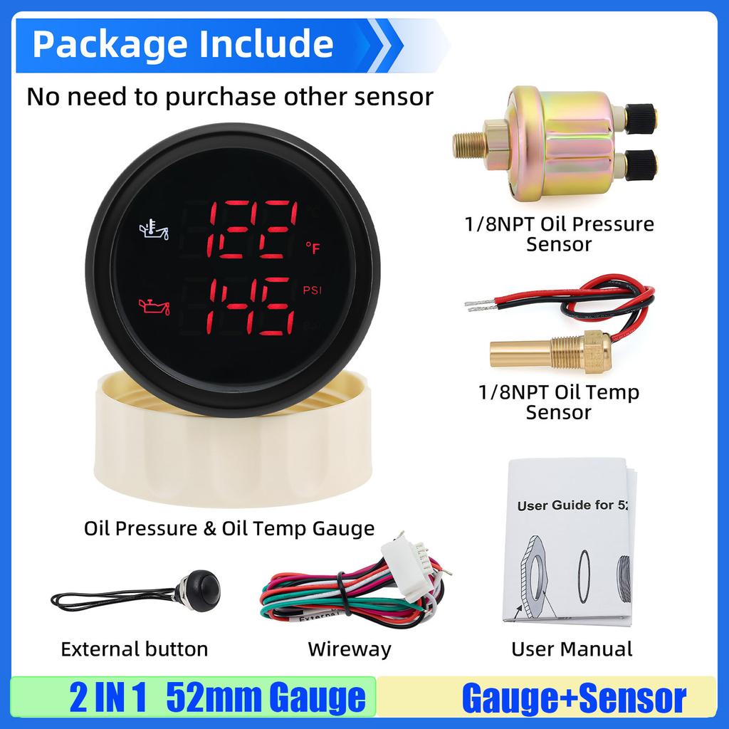 MAIMEIMI Red Green LED Digital Dual 52MM Gauge 50-150℃,122-382℉,0-10BAR,0-145PSI Oil Temp+Oil Pressure Gauge with Sensor Alarm