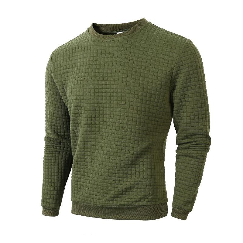 Men's Fall Winter Slim Fit Crew Neck Long Sleeve Sweatshirt, Solid Small Grid Pattern Casual Base Layer Pullover Tops