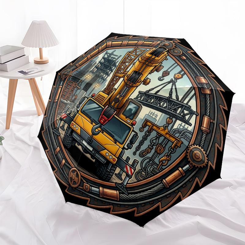 Construction Crane Emblem Pattern Umbrella, Portable and Foldable Design, 8 Ribs, a Casual Accessory for Halloween, Christmas, and Birthday Gifts.