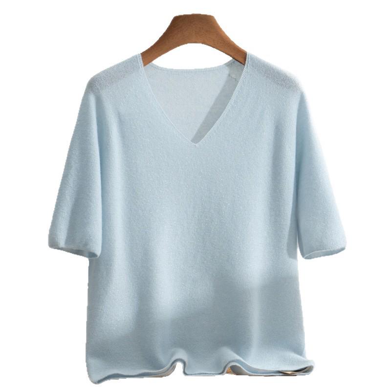 25 Early Autumn Women's V-neck Short Sleeve 100% Pure Cashmere Sweater with Gold Thread Dots - Chic and Versatile