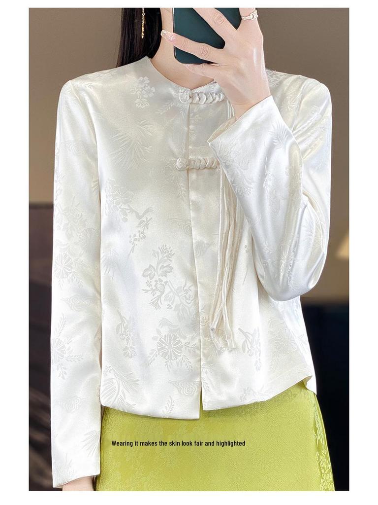 2024 Retro Tang Suit Women's Short Jacquard Jacket with Frog Buttons