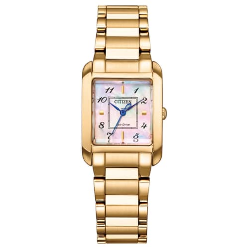 

Citizen Eco-Drive Waterproof Watch, Mother-of-Pearl SQUARE Collection, Warm Gold, EW5603-89Y, Women s