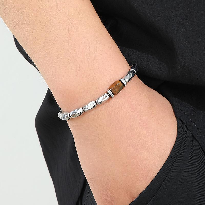 

Vintage Tiger Eye Stone Bracelet For Men Irregular Shaped Silver Color Gallstones Beaded Bracelet Cool Elastic Wristband Gift OneSize