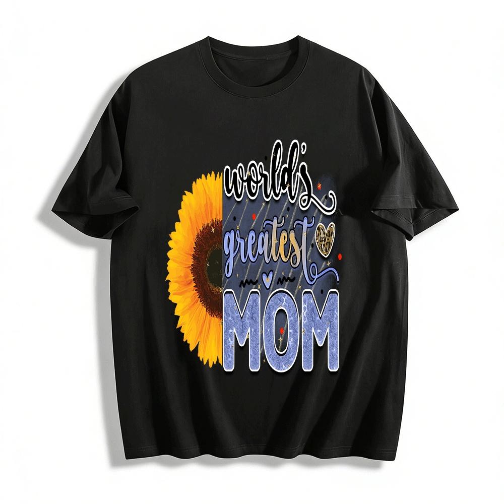 Worlds Greatest Mom Sunflower Print Casual Short Sleeve T-Shirt Pure cotton T-shirt XXS