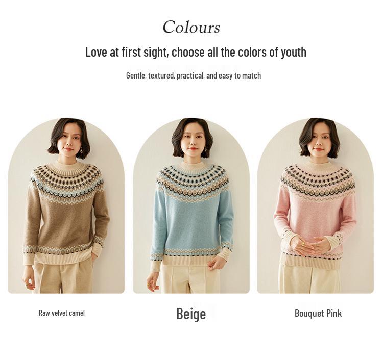 Women's Thickened Fair Isle Cashmere Pullover Sweater - Round Neck, Long-Sleeve, Double-Ply Wool Jacquard