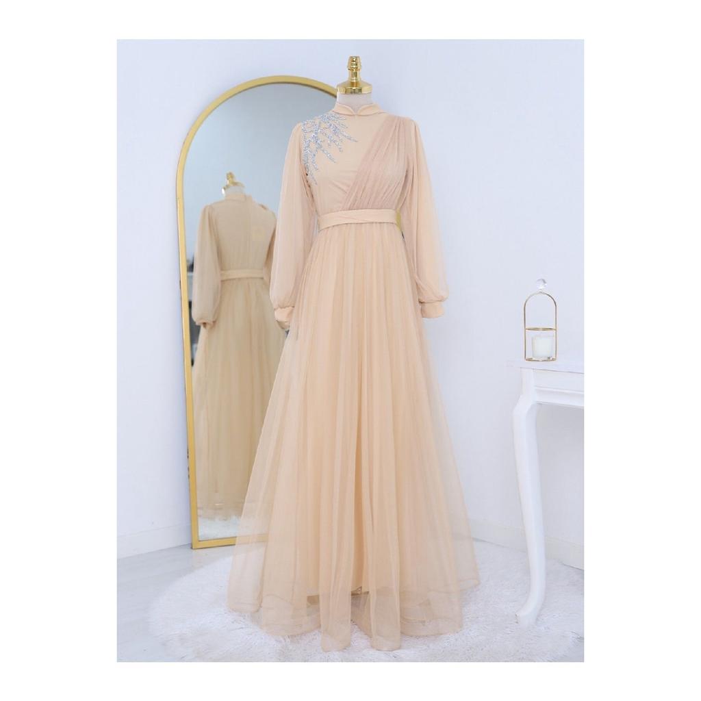 Draped Belted Tulle Evening Dress With Stone Detail On The Front