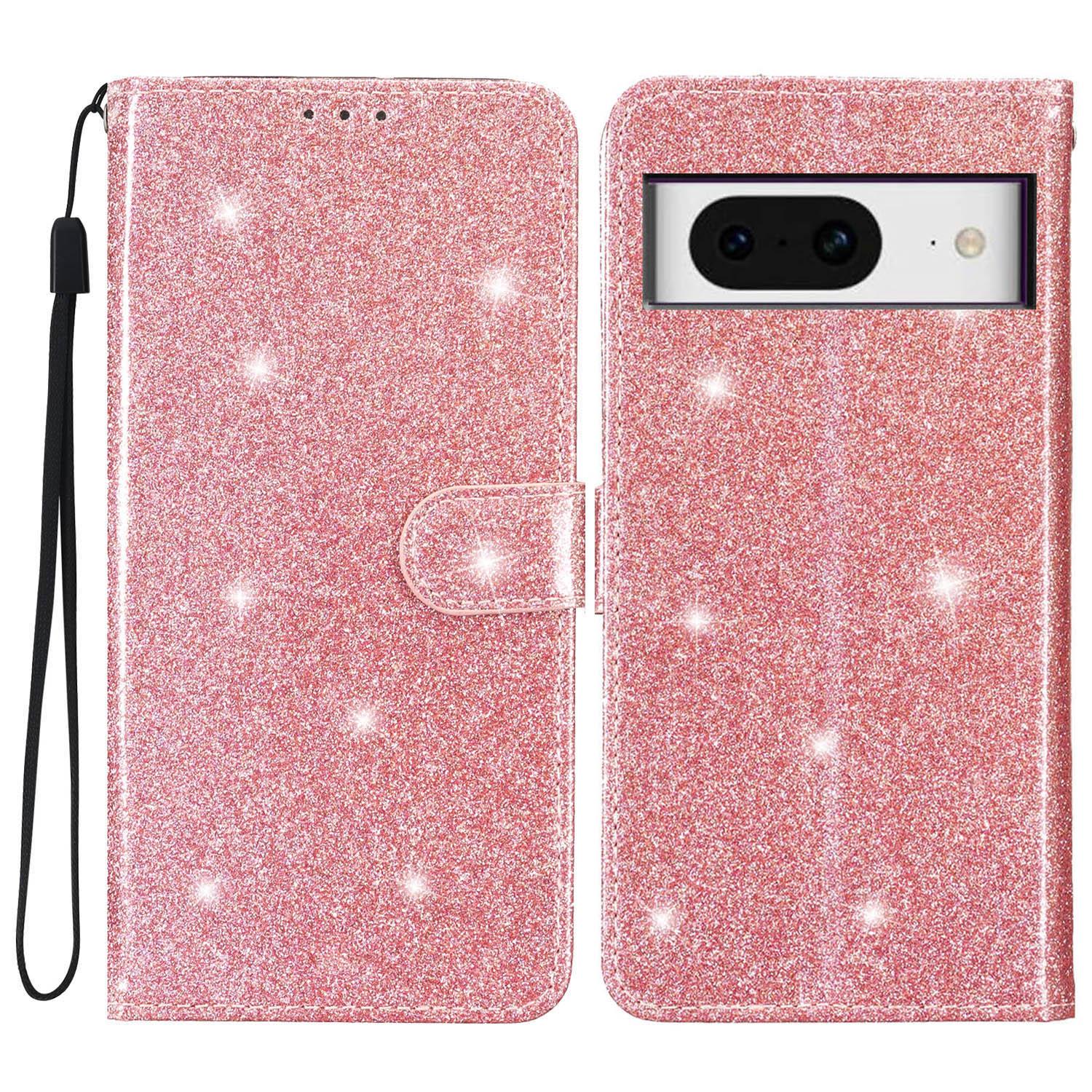 

For Google Pixel 8 Wallet Glittery Mobile Phone Case Stand PU Leather Phone Cover Rose Gold