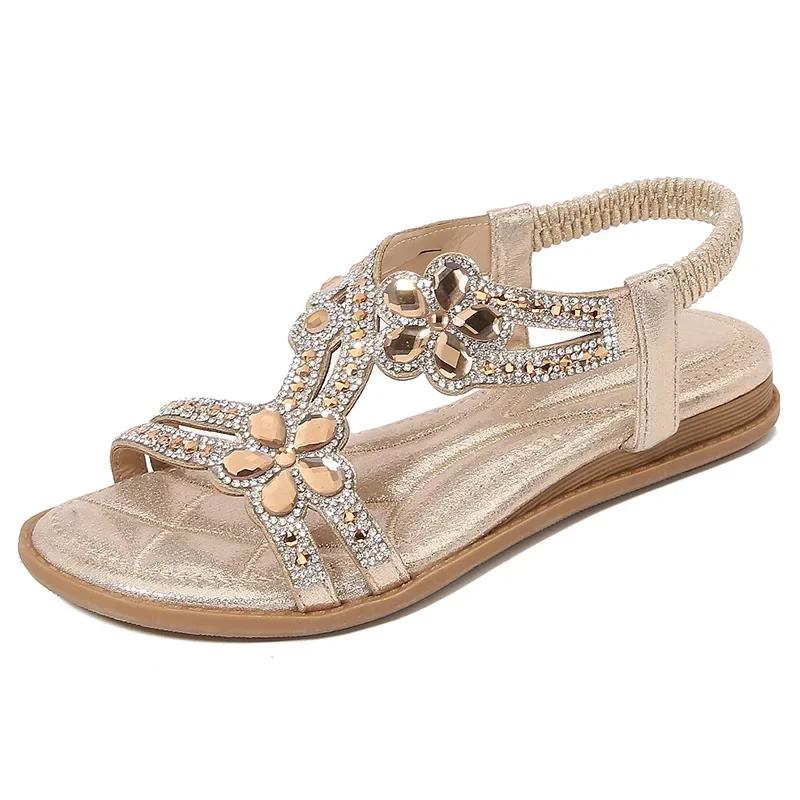 2026 Women Flat Rhinestone Sandals Bohemian Sandals Summer New Non Slip BeachElastic Low Heels Roman Sandals