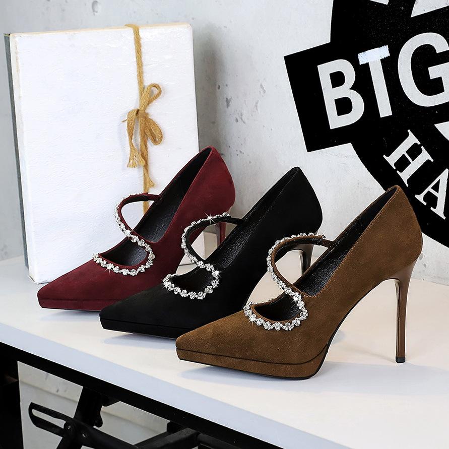 Fashion High Heels 10.5cm Women's Pumps Stiletto Suede Pointed Toe Waterproof Platform Ladies Banquet Rhinestone Decoration Single Shoes