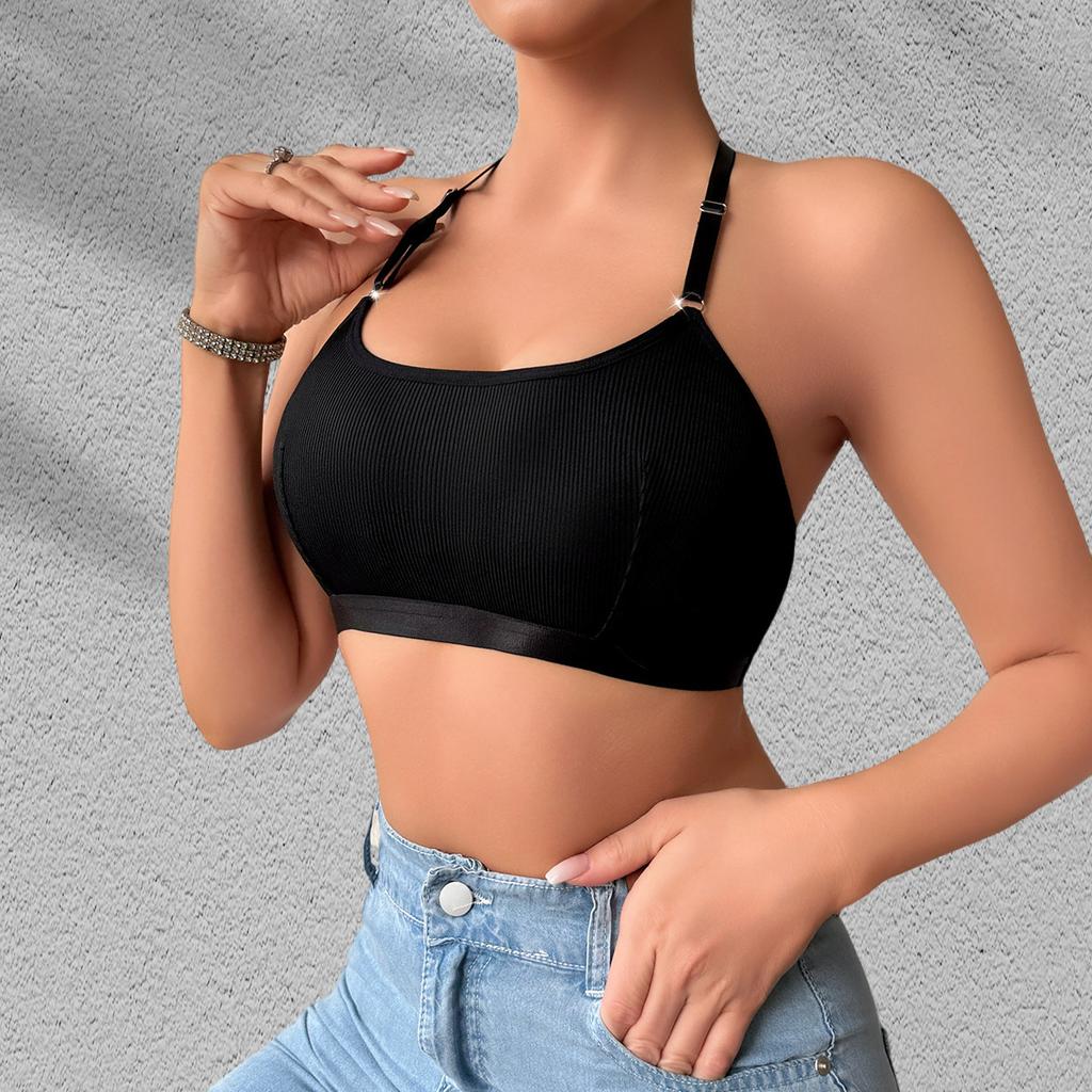 Women Solid Ribbed Halter Adjustable Strap Wireless Casual Bralette