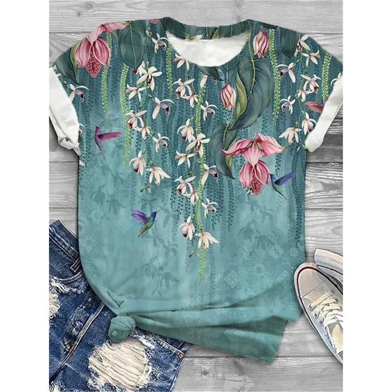 

Women s T-shirts Flower Holiday Weekend Yellow Pink Blue Printed Round Neck Short Sleeve Tops 6XL