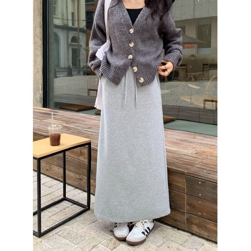 Women's Fleece Lined High Waist A-Line Sweatshirt Midi Skirt with Drawstring