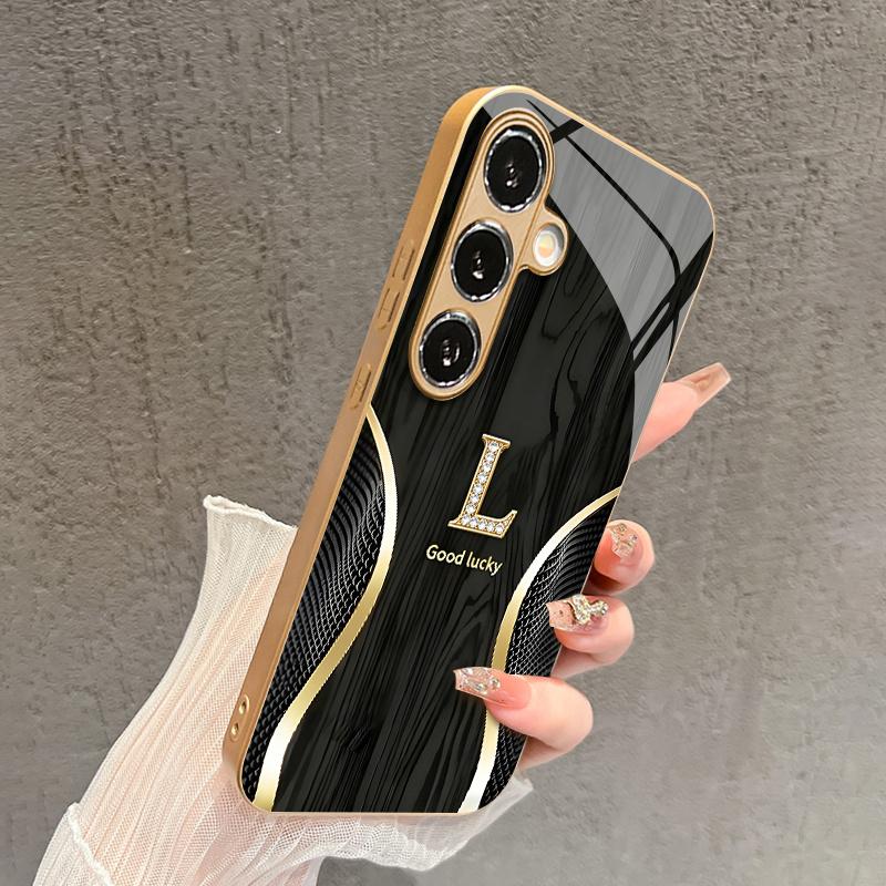 Gold L-Shape Pattern 2D Phone Case for Samsung S26 S25 S24 S23 S22 S21 S20 A56 A36 A16 - Golden Glass Protective Cover