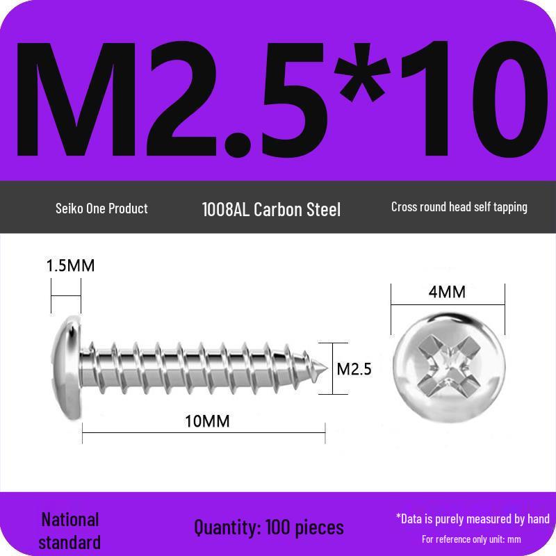 Galvanized Round Head Self-Tapping Screws PA Cross Pan (M1.2-M4, White Zinc, Pointed Tail)