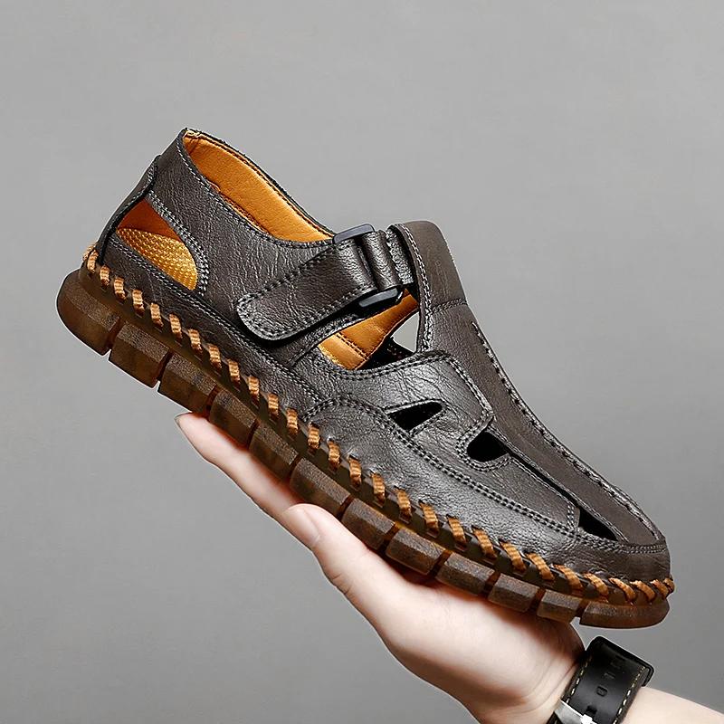 Fashion Mens Handmade Casual Leather Sandals Classic Men Beach Shoes Summer Outdoor Walking Male Sneaker Breathable Man Hollow Out Flats