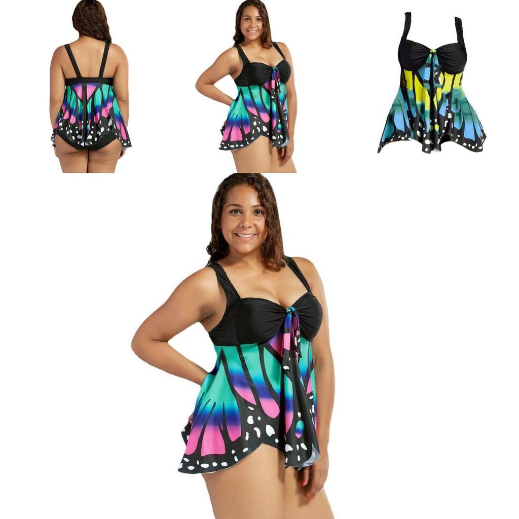 Übergröße Damen Schmetterlingsdruck Hohe Taille Blouson Tankini Stilvolle Bademode für Jeden Anlass