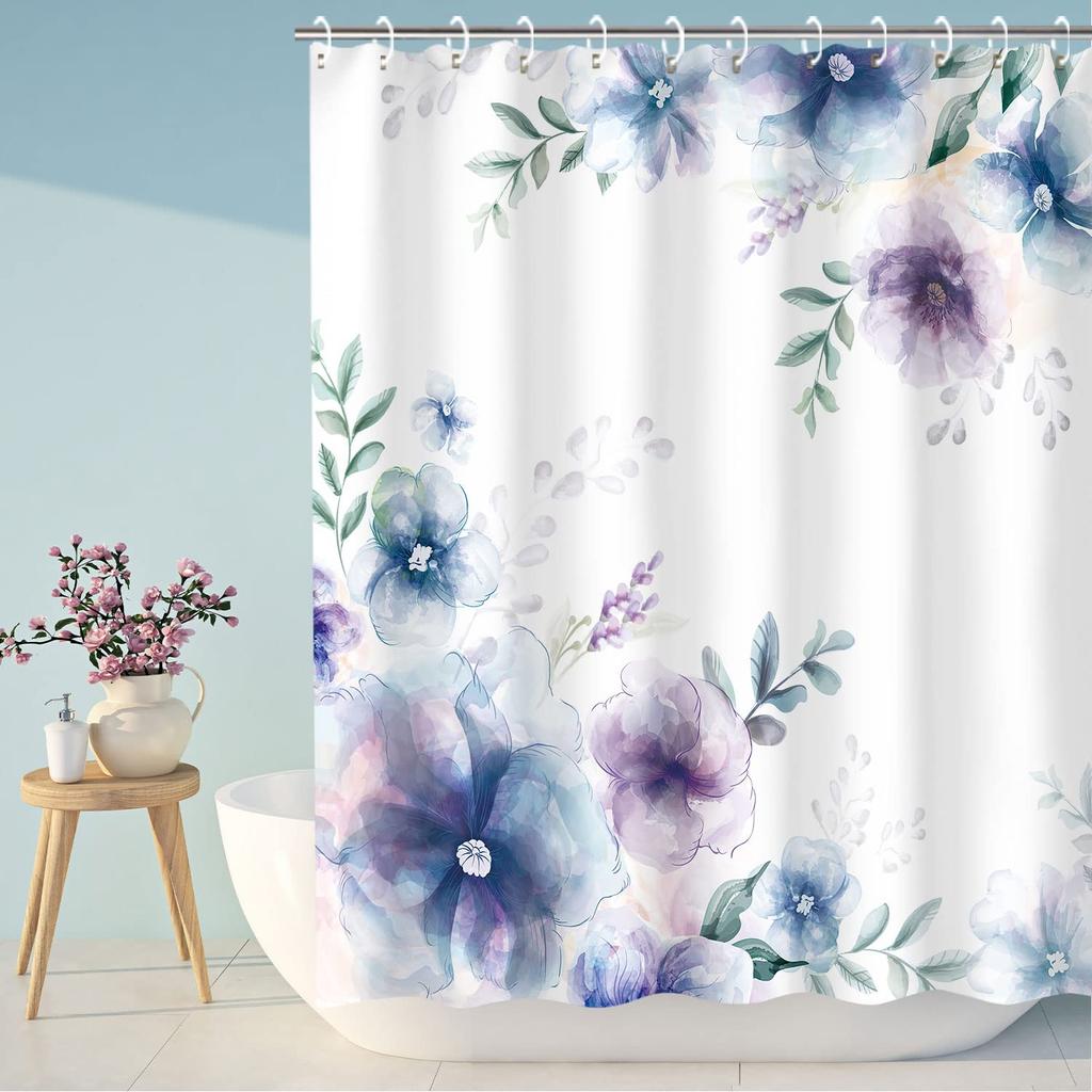 Blue Floral Shower Curtain Watercolor Flower Bath Curtain Polyester Fabric Waterproof Bathroom Curtains with Hooks Bath Screen