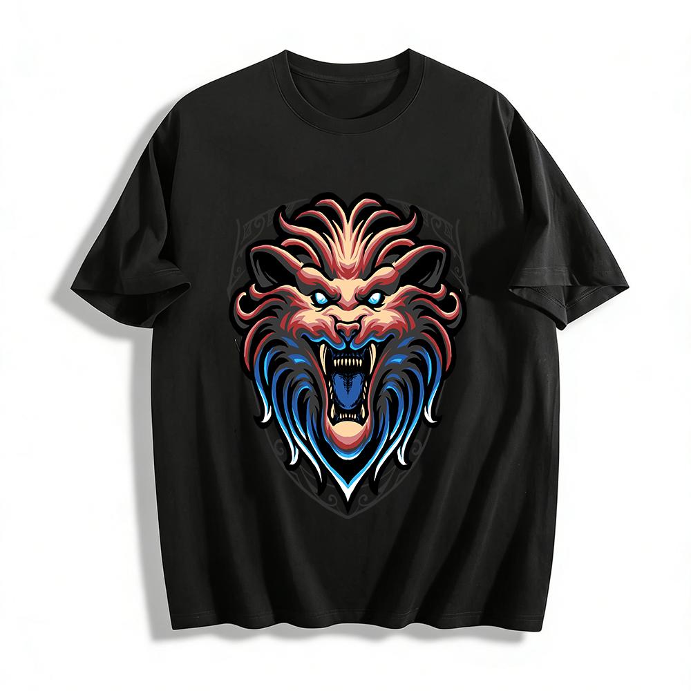 Fierce Roaring Lion Graphic Casual Loose Crew Neck T-Shirt Pure cotton T-shirt XXS