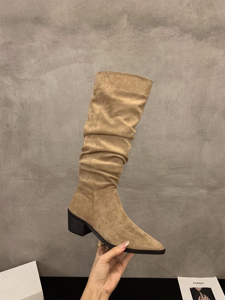 Pointed toe high heels khaki stacked boots boots women's shoes 2025 new spring, autumn and winter skinny long knight boots