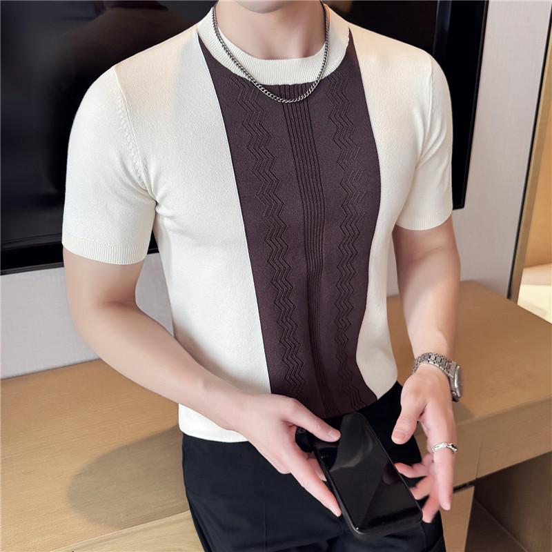 Летняя трикотажная футболка Ice Silk в полоску с короткими рукавами, мужская эластичная круглая горловина, облегающая повседневная футболка, мужская одежда 2XL белый