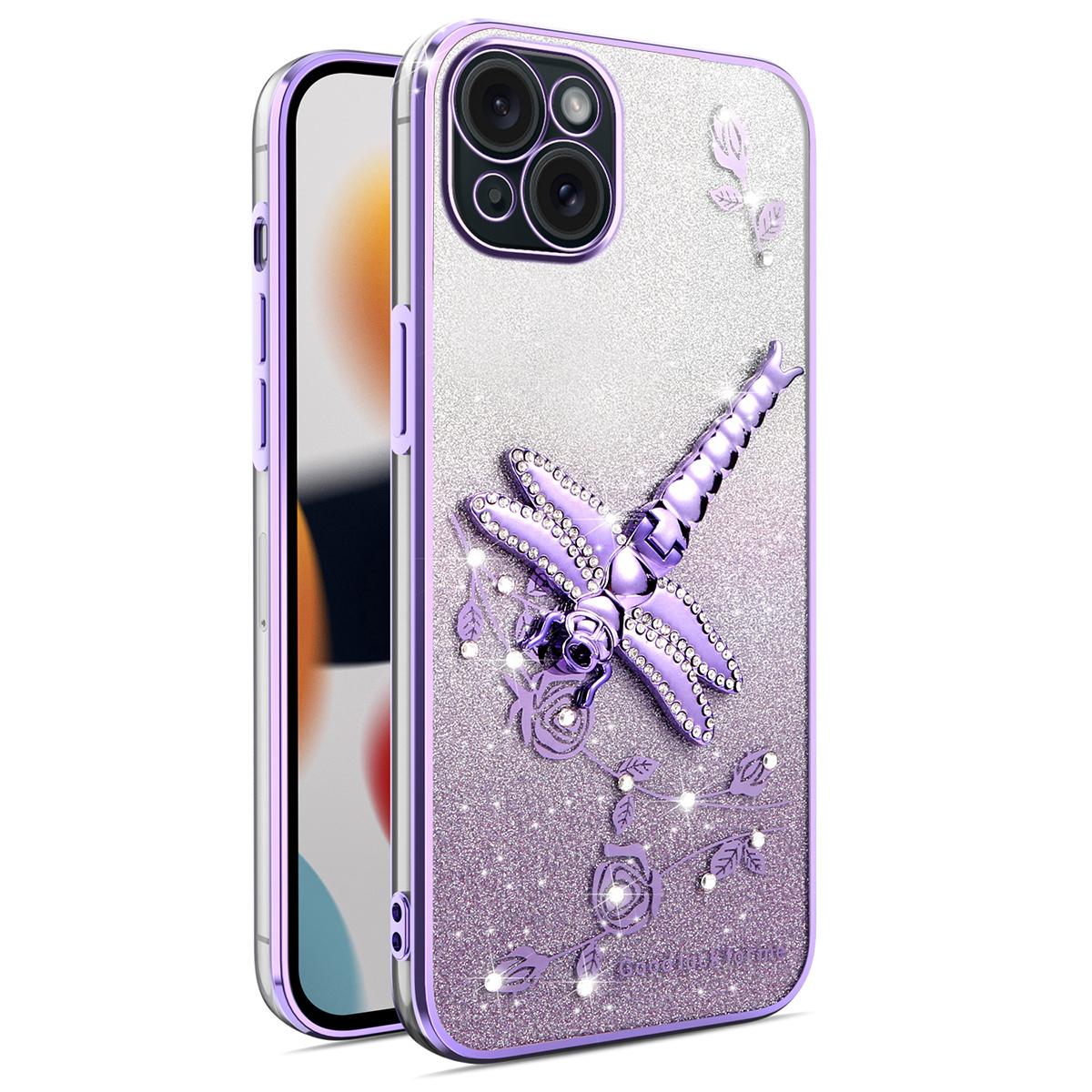 

KADEM For iPhone 14 Case Dragonfly Kickstand TPU Flowers Glitter Phone Cover Purple