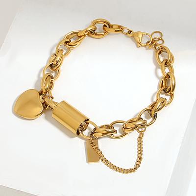 Gold Color Thick Chain Stainless Steel Bracelets for Women Fashion Design Heart Love Pendant Wrist Jewelry KTJ