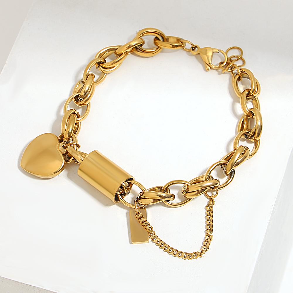 DZ Gold Color Thick Chain Stainless Steel Bracelets for Women Fashion Design Heart Love Pendant Wrist Zircon