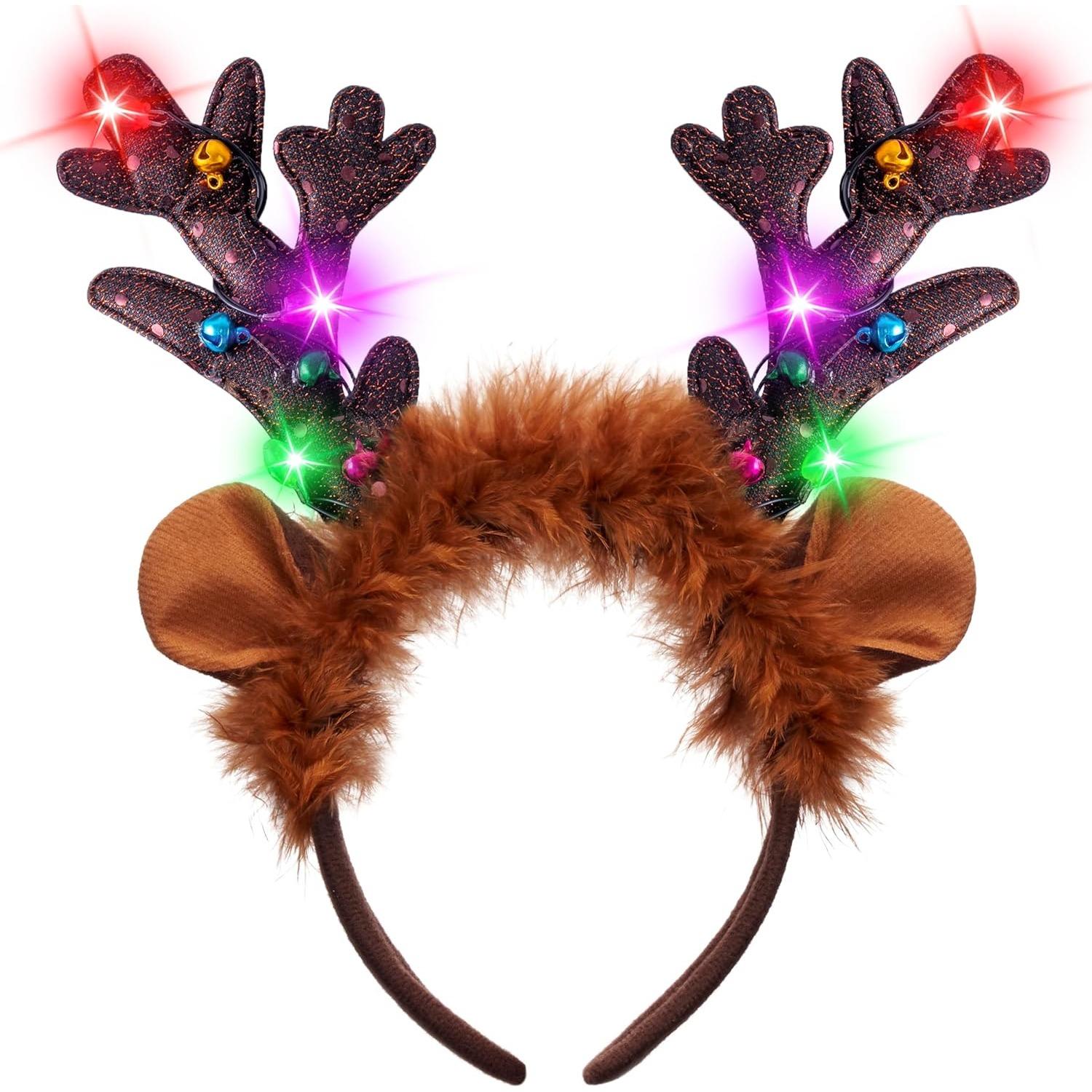 JOYFY Christmas 4PCS Reindeer Headband Light-Up LED Antlers Reindeer Hat for Christmas Party Supplies and Holiday Parties Favors