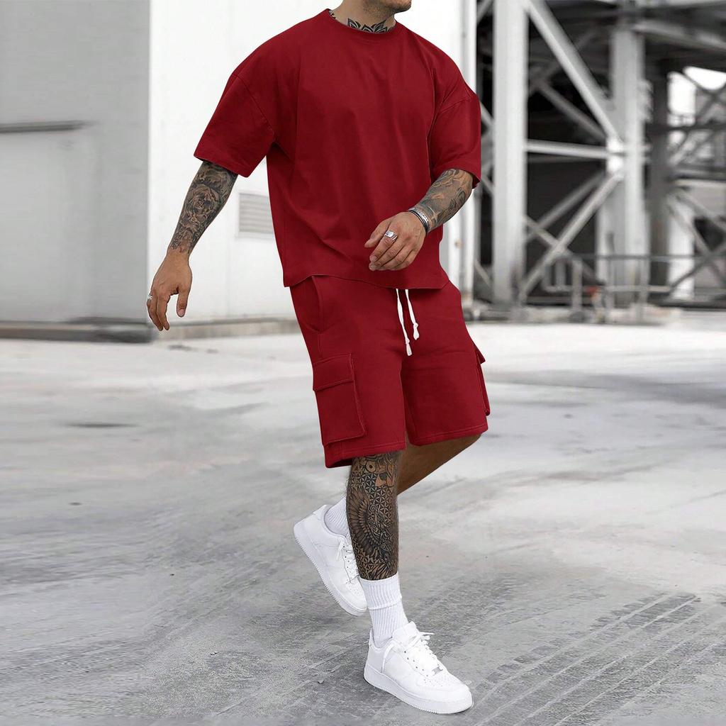 Men's Casual Short Sleeve T-Shirt and Cargo Shorts Set Lightweight Breathable Fabric Loose Fit Summer Outfit