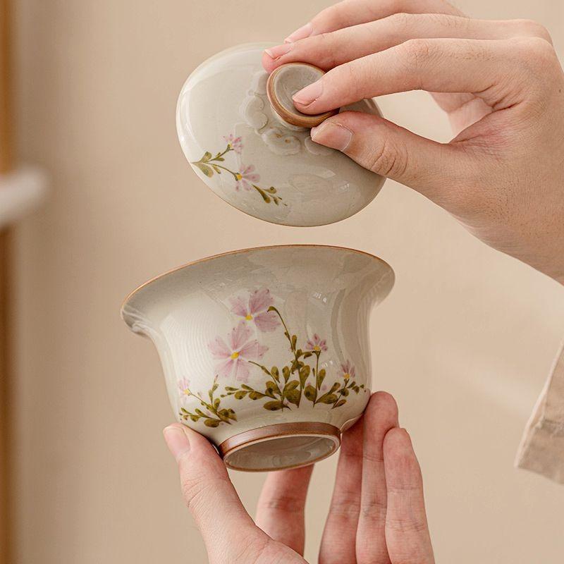 Plant Ash Glazed Ceramic Tea Bowl Daisy Design Three Layer Lid Chinese Gongfu Tea Set Heat Resistant Home Brewing Gift Idea