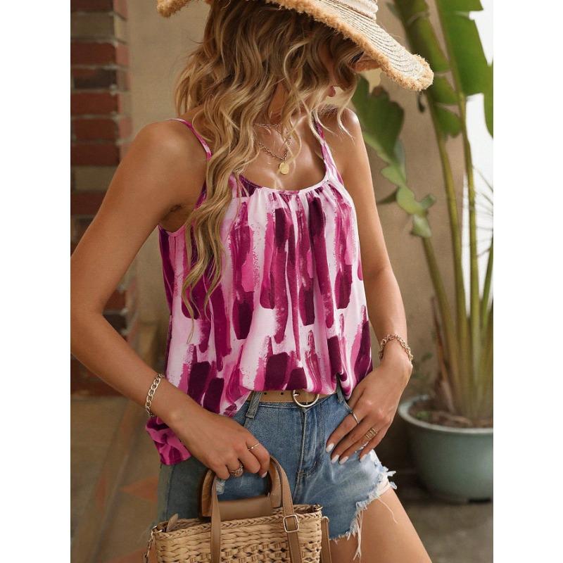 Women Summer New Pink White Brushstroke Print Spaghetti Strap Casual Camisole