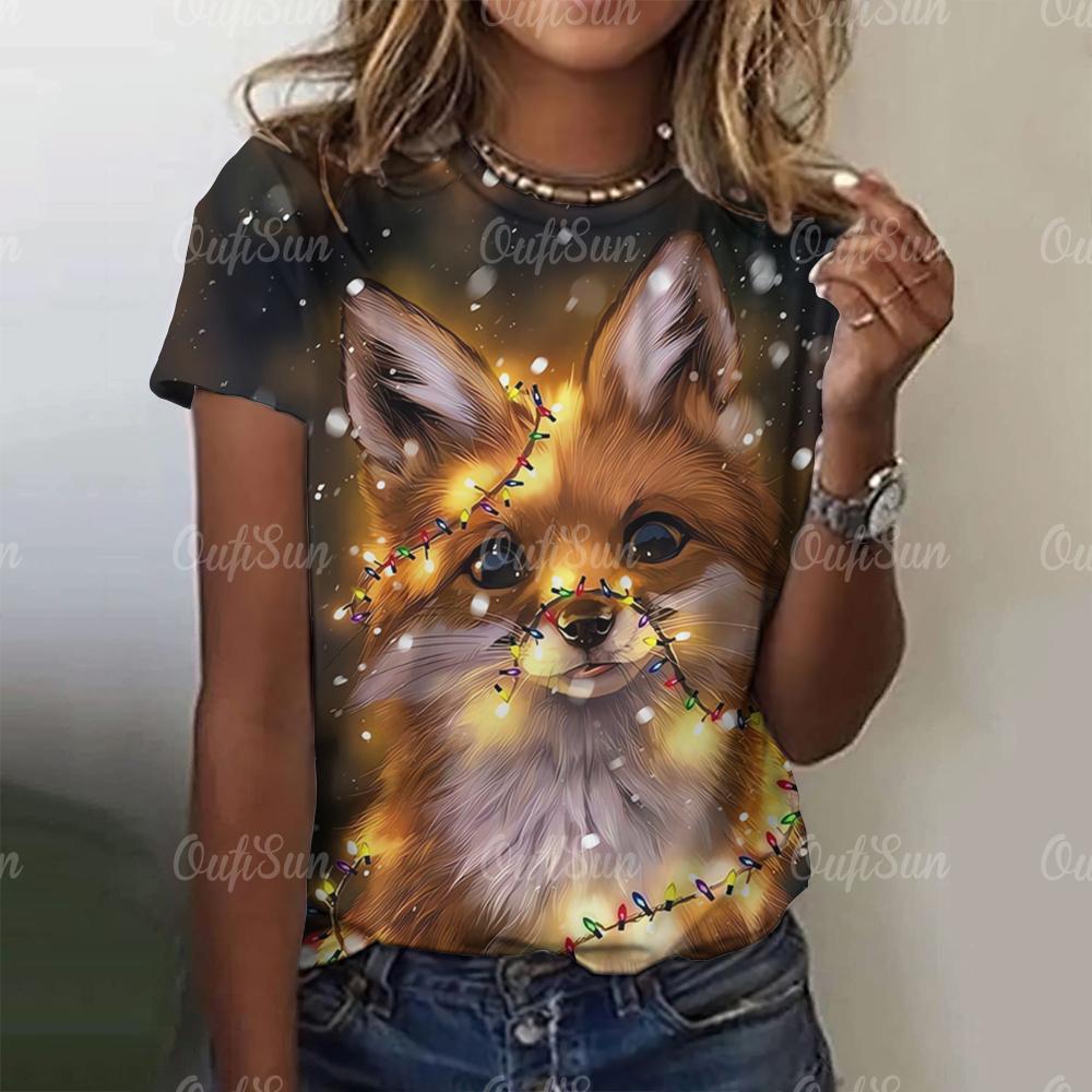 3D Cartoon Fox Print Women's T-Shirt Summer O Neck Casual Short Sleeve Ladies Tees