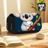 Cartoon Koala 2D Printed Double-Layer Flip-Top Black Pencil Case - Back-to-School Essential Pencil Box, Daily Multi-Functional Makeup Bag, Large-Capac