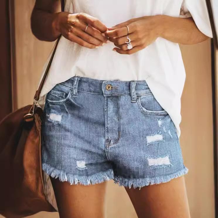 Women s High-Waisted Ripped Denim A-Line Shorts - Slimming, Washed, Frayed Edge Summer Hot Pants Large светло-синий