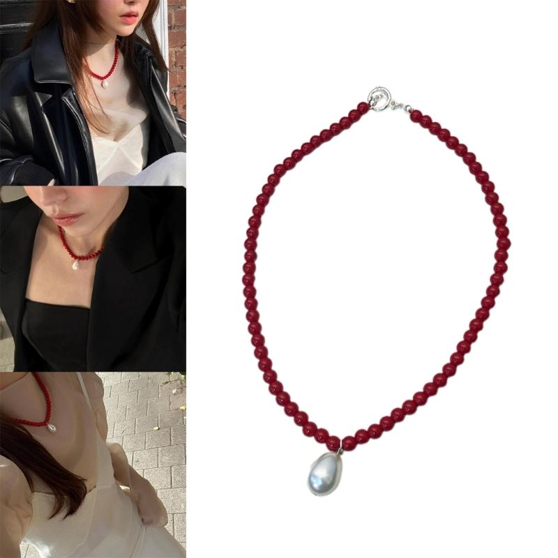 Pearl Drop Pendant Neckchain Glass Bead Choker Adjustable Chain Necklace Bohemian Jewelry Ornament for Women Girl