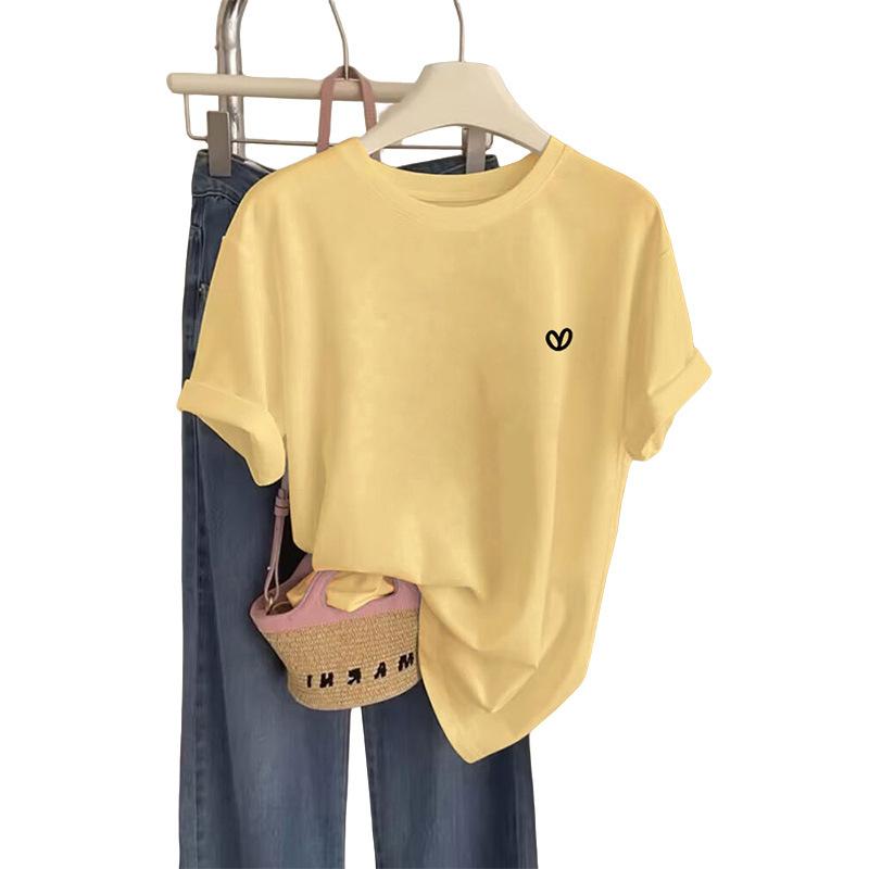 New Shoulder Pure Cotton Round Neck Short-sleeved T-shirt Women's Fashion Foreign Style Top Thin Bottoming Shirt Spring, Summer and Autumn