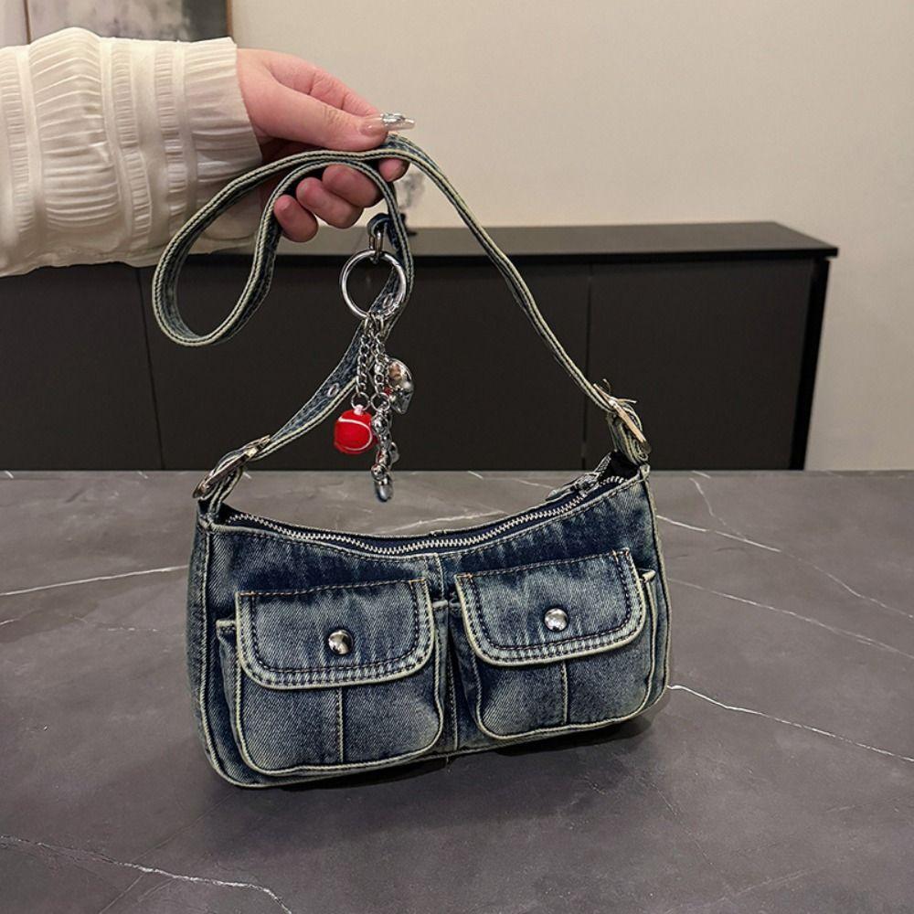 

Underarm Bag Spicy Girl Shoulder Bag Y2K Cloth bag Trend Retro Denim Bag Girls джинсовий синього кольору