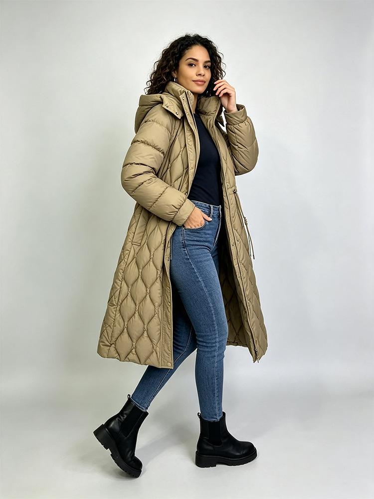 Women's Mid-Length Over-the-Knee Padded Coat, Stand Collar Hooded with Elastic Waist, Slim Fit, Warm Cold-Proof Winter Outerwear