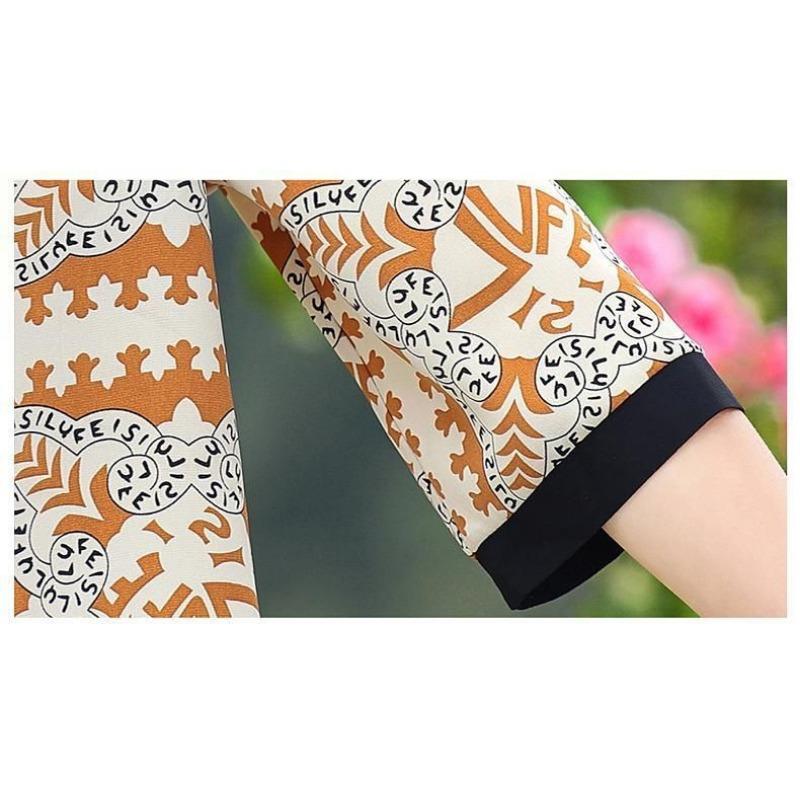 Women's New Spliced Pullover Round Neck Button Printed Fashionable Loose Centre Sleeve Shirt