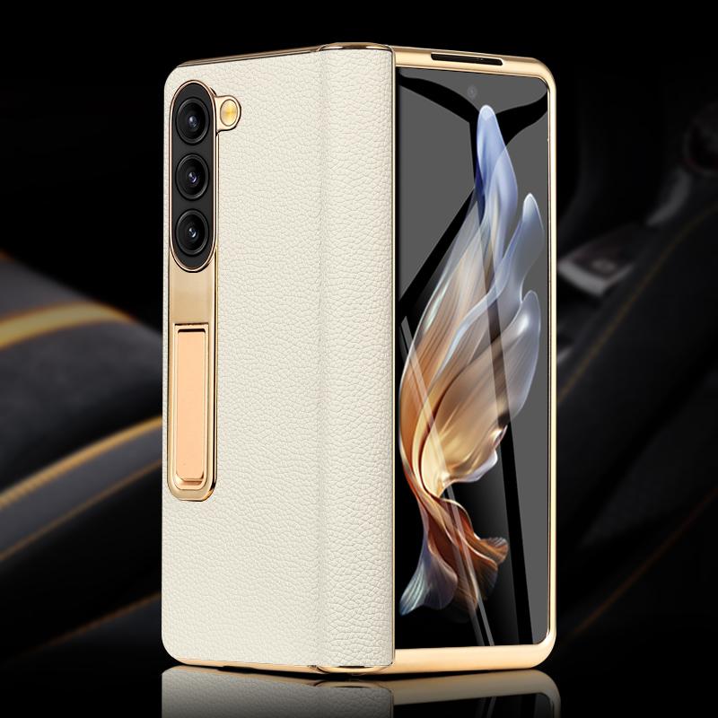 

Кожаный чехол для телефона Samsung Galaxy Z Fold 6 5 4 3 Fold6 Fold5 с позолоченным магнитным шарниром и подставкой, задняя крышка с зеркальной пленкой For Galaxy Z Fold 6