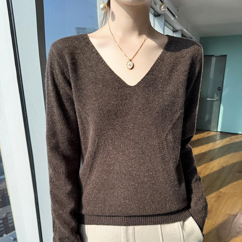Women's V-Neck Wool Sweater: Slim Fit, Long Sleeve, Knit Base Layer for Autumn & Winter