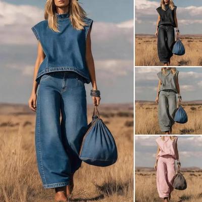 Conjunto de Verano de 2 Piezas de Mezclilla para Mujer Top de Manga Corta con Cuello Alto y Conjunto de Pantalones de Pierna Ancha Conjunto Informal Holgado para Estar en Casa