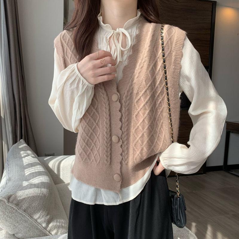 Damen Süßes Rautenmuster Gestrickte Weste Cardigan Mantel Einfarbig Spitze Pulloverweste Cardigan für Oberbekleidung