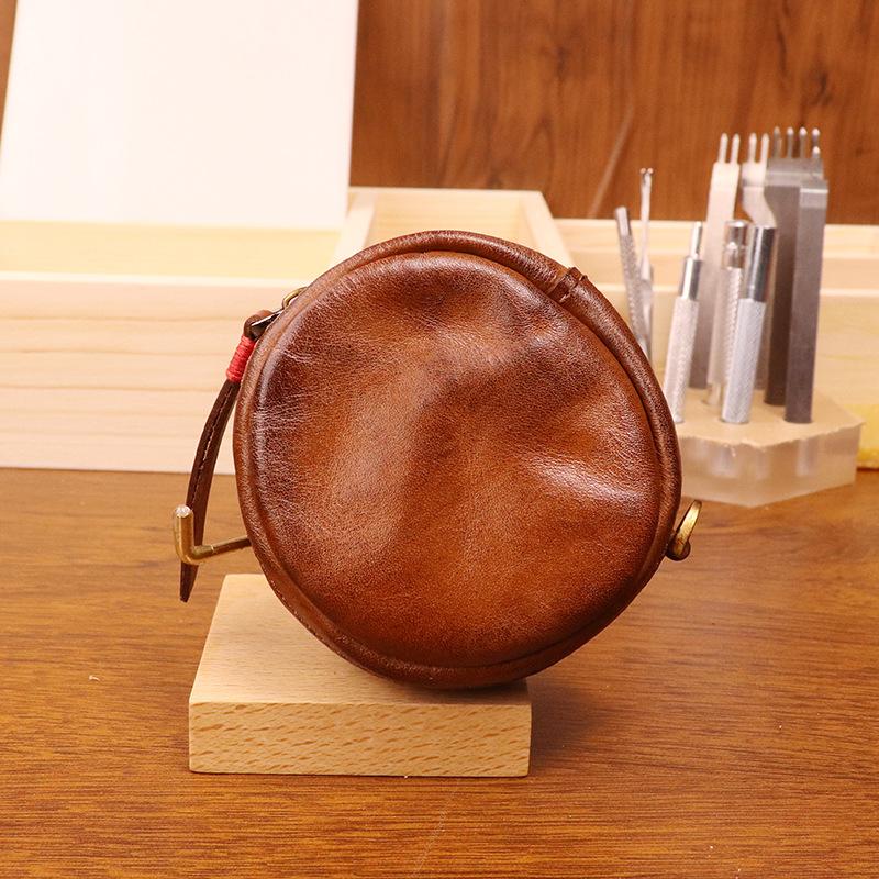 Vegetable Tanned Cowhide Coin Purse, Vintage Handmade Color Polishing, Vintage Round Personalized Coin Bag, Headphone Bag, Compact for Women