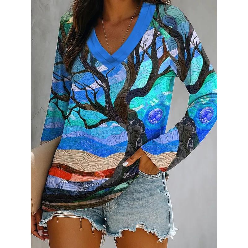 

Spring and Autumn V-neck 3D Artistic Tree Pattern Printed Top Fashionable Casual Long Sleeved Women s T-shirts 5XL