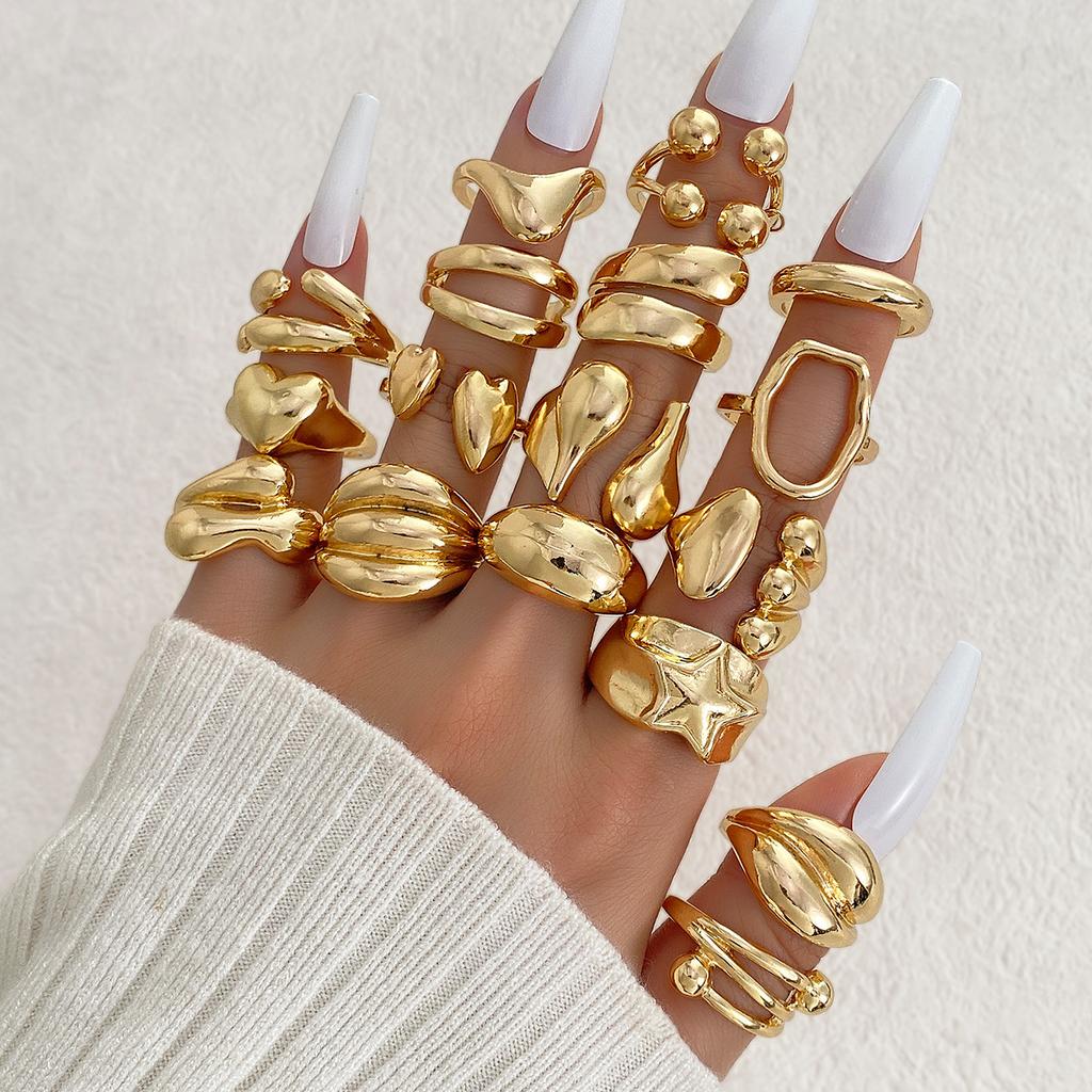 IF ME 17Pcs/Set Vintage Gold Color Irregular Geometric Rings Set for Women Elegant Exaggerated Twist Metal Thick Open Ring Jewelry