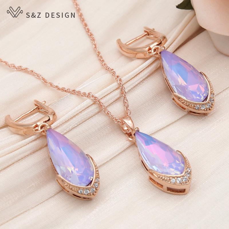 Fashion Water Drop Crystal Dangle Earrings Jewelry Sets For Women Rose Gold Color Zirconia Wedding Necklace