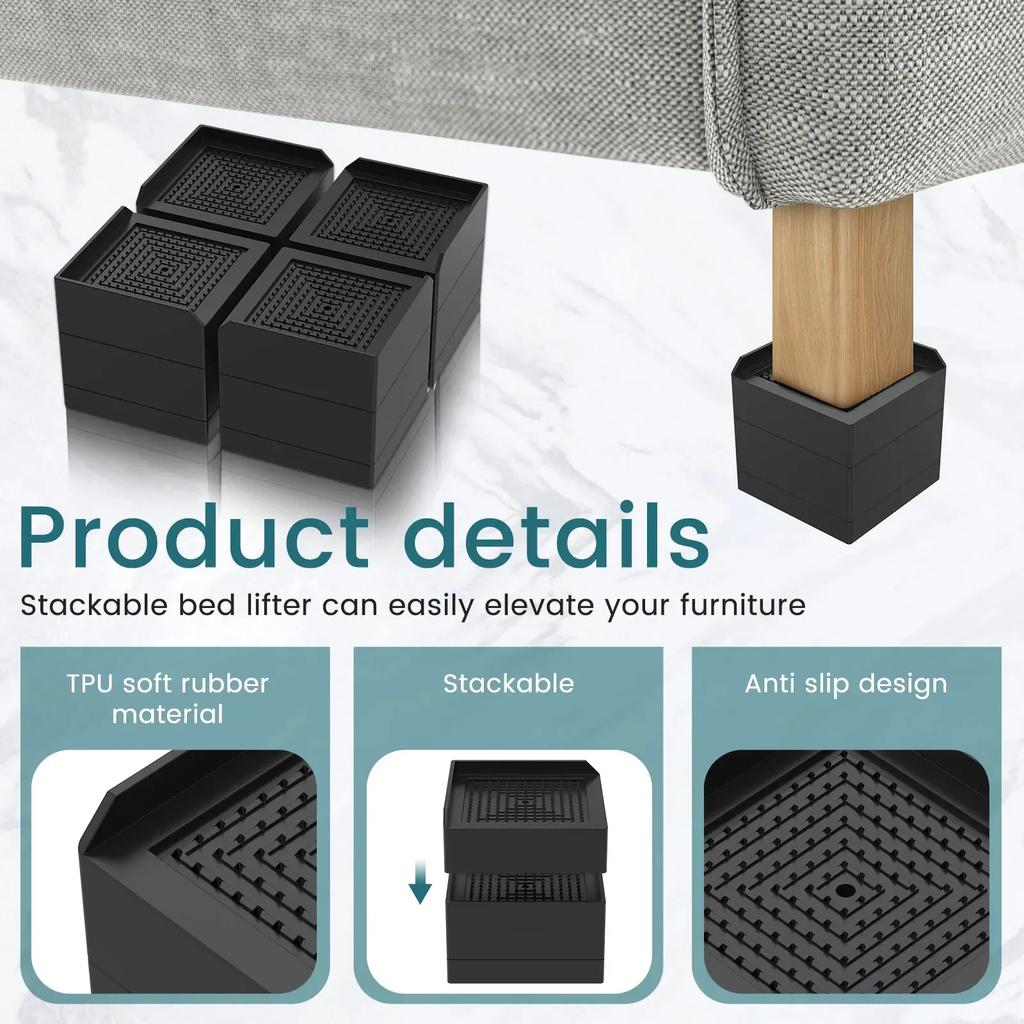 4Pcs Adjustable Furniture Risers TPU Shock Absorption Bed Risers Stackable Non-slip Furniture Leg Lifting Blocks for Desk Chairs