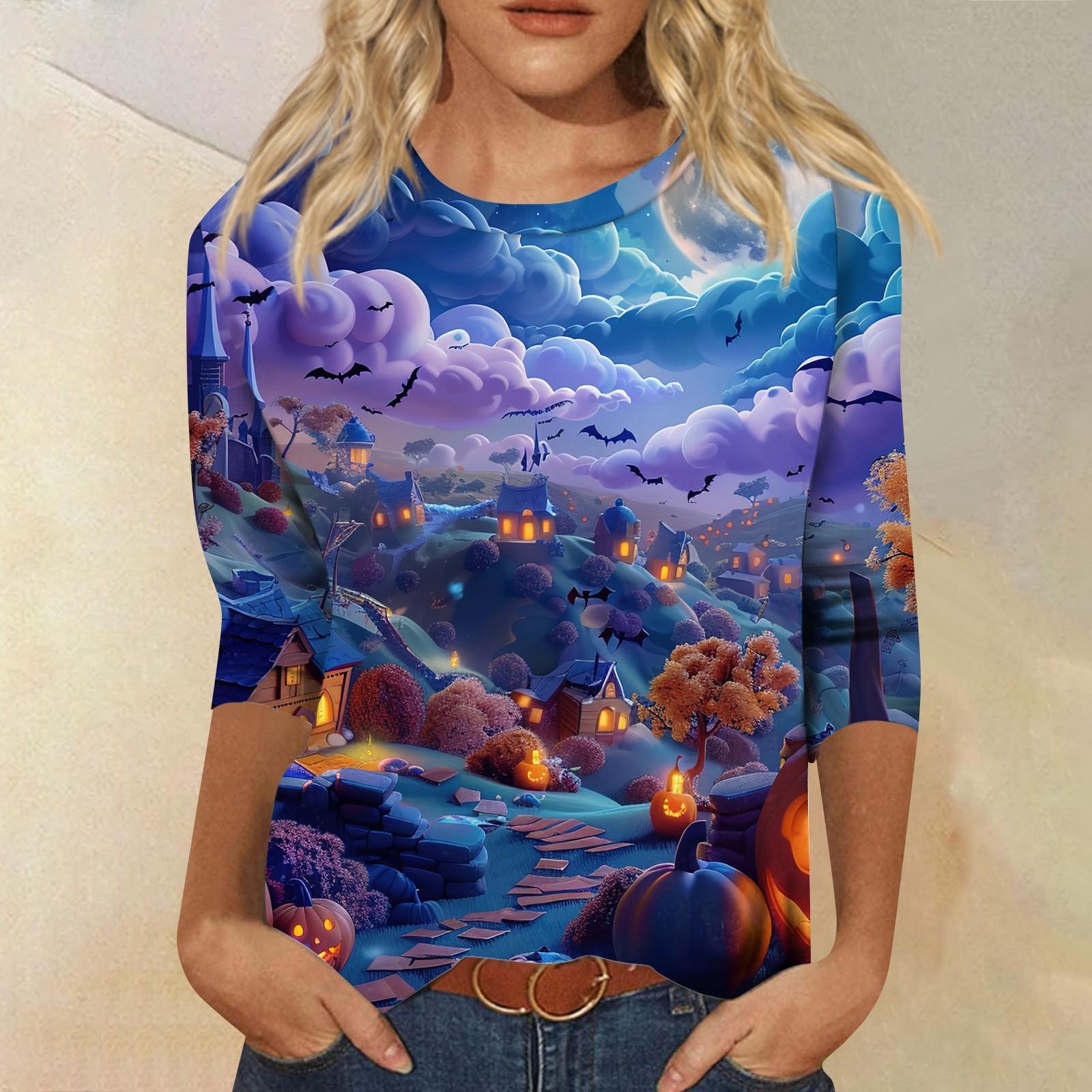 

Женские топы Рубашка с рукавом три четверти V-образный вырез Свободная повседневная рубашка Футболка с принтом L