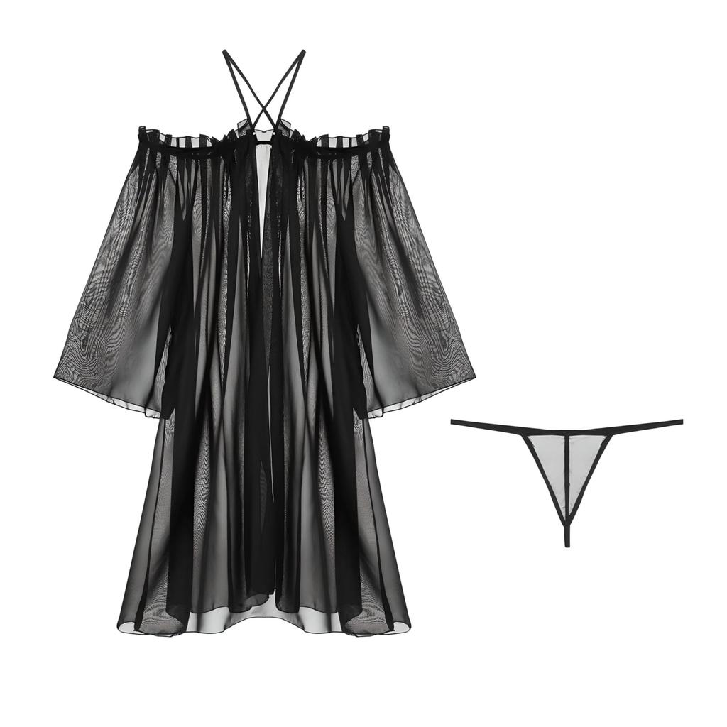 Lingerie Shorts Loose [AQURAD] Simple, Sexy, Babydoll, Shirt-Style, Off-Shoulder, Pajamas, Nightwear, Set, Fit, Sheer, Cute, Women's (Black)